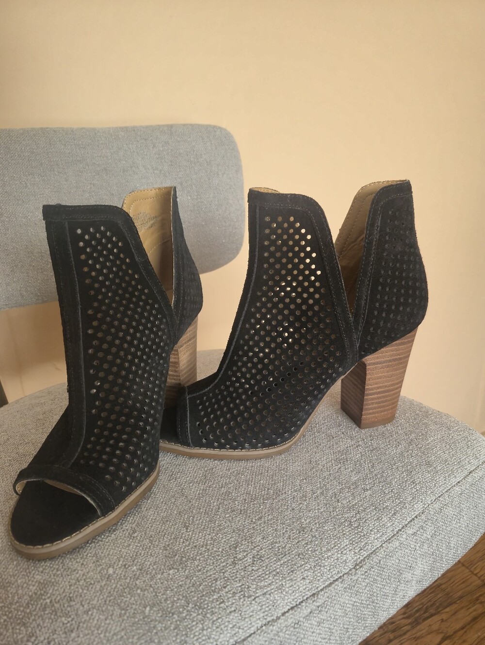 Lucky Brand Black Perforated Open-Peep Toe Stacked Heel Booties